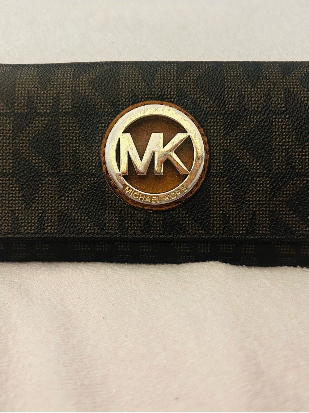 Michael Kors Dark Brown Logo Continental Wallet with Gold Emblem